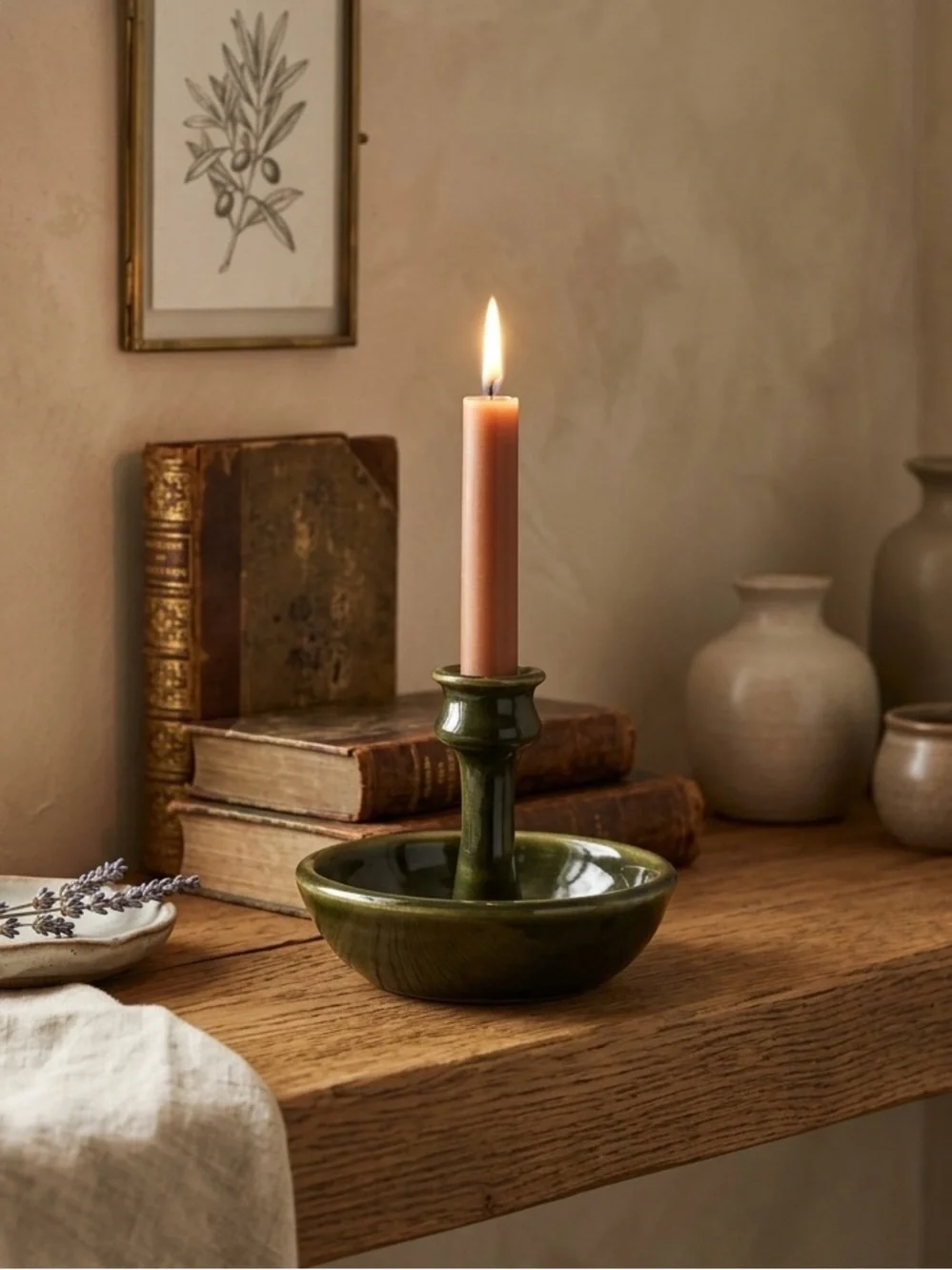 Vintage Green Glazed Ceramic Candlestick Holder Cottagecore Farmhouse Decor